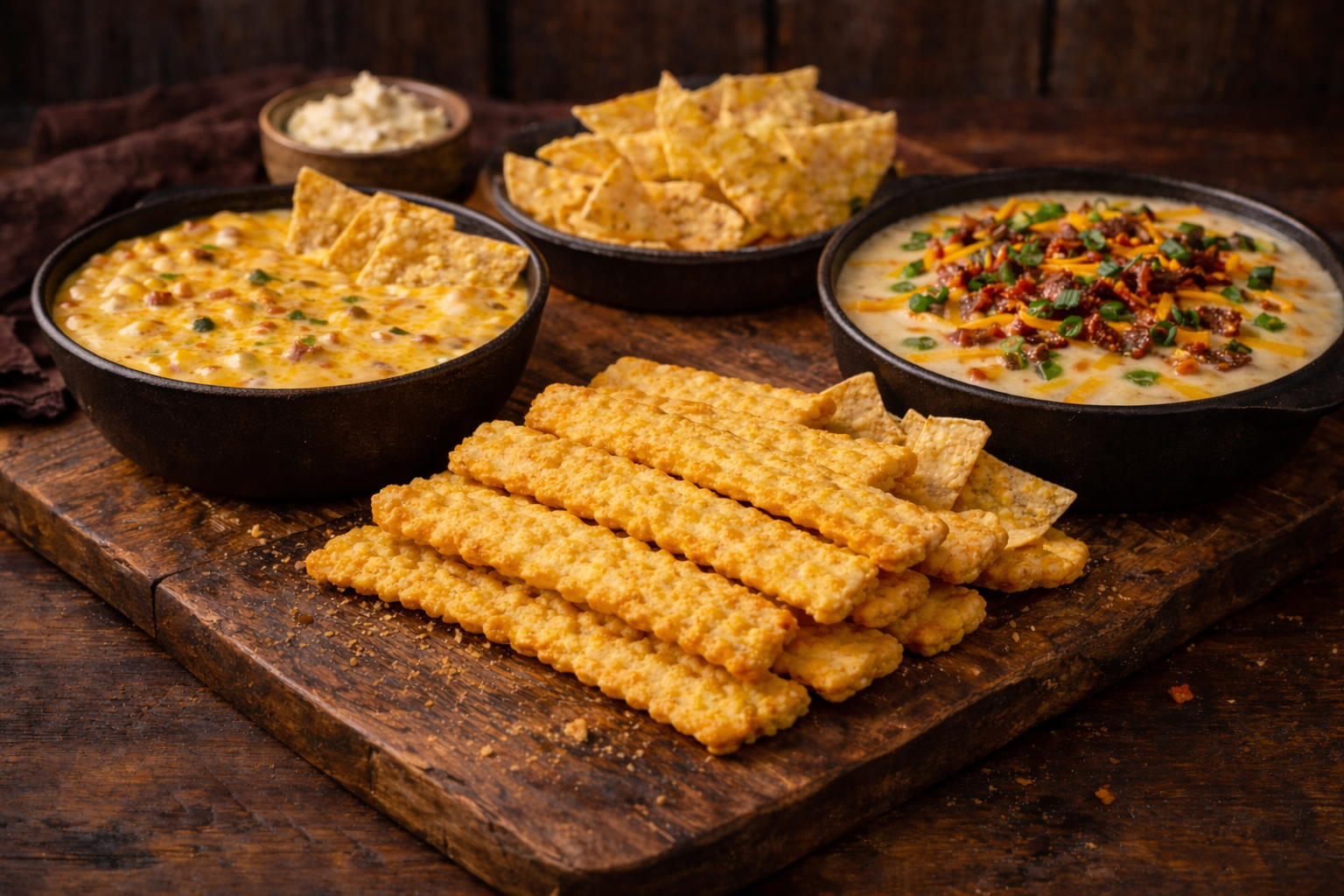 Southern appetizers including baked potato soup, beanless bean dip, and cheese straws
