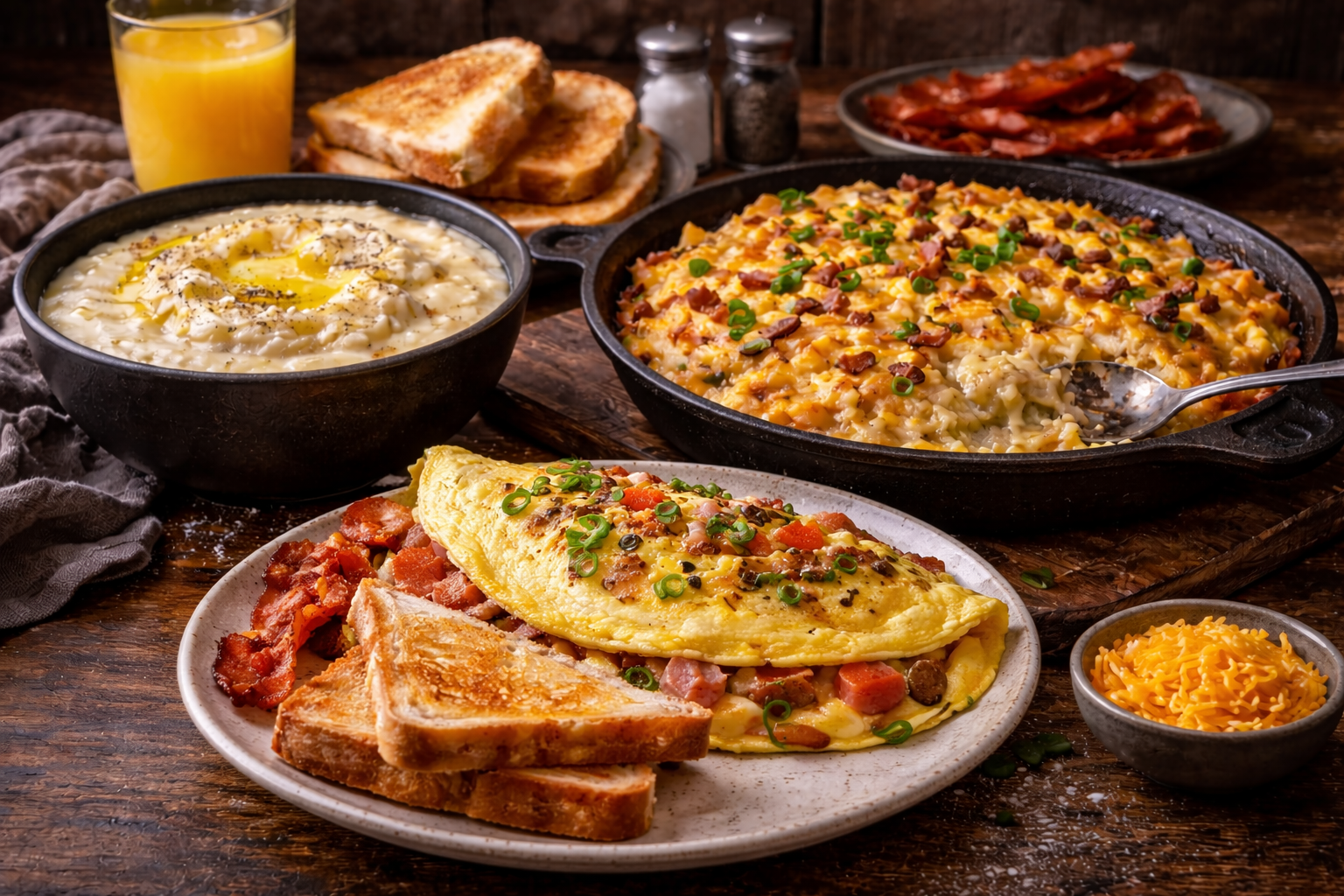 Southern breakfast including grits, hash brown casserole, and omelets