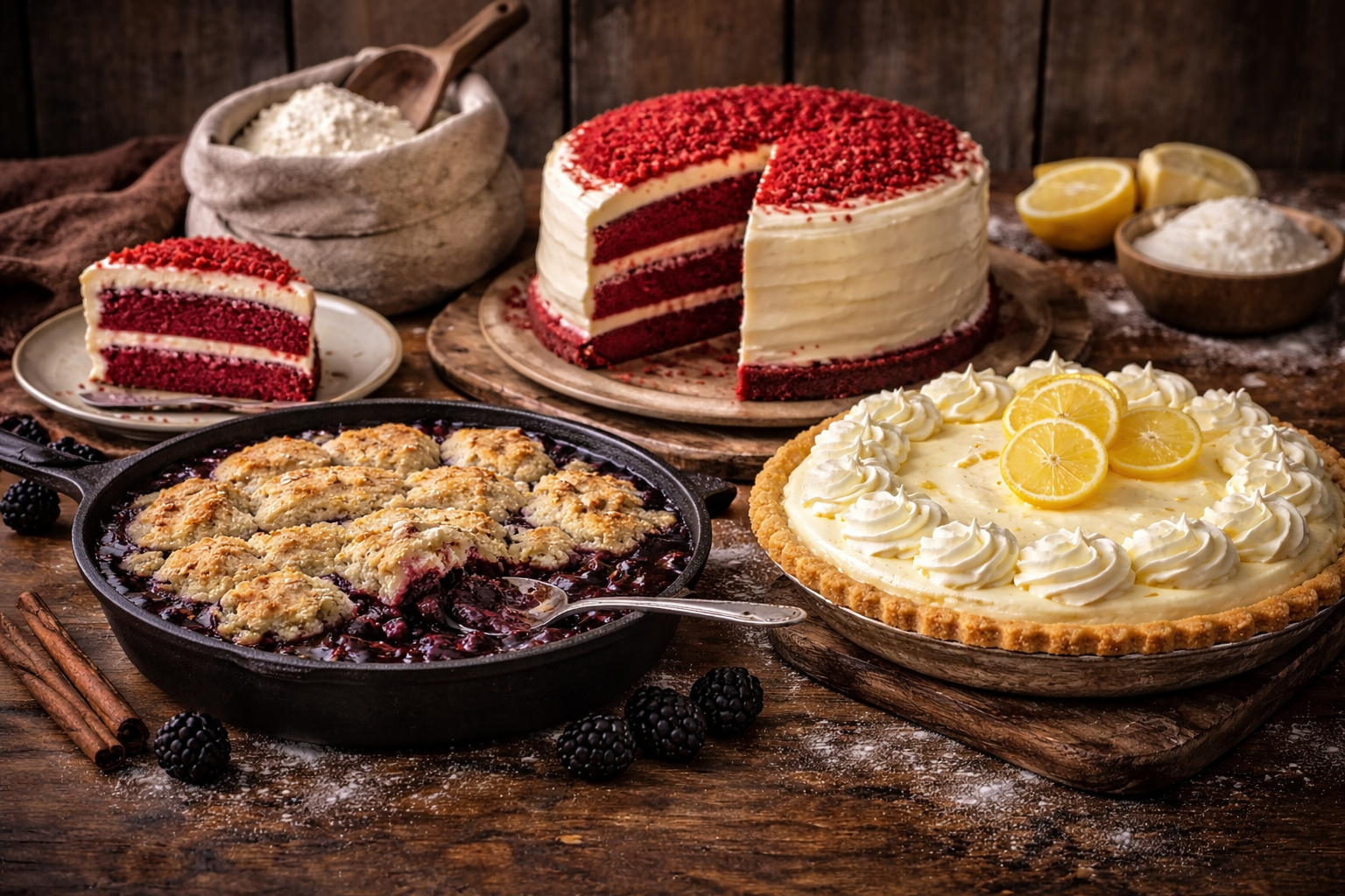 Southern desserts including red velvet cake, blackberry cobbler, and lemonade pie