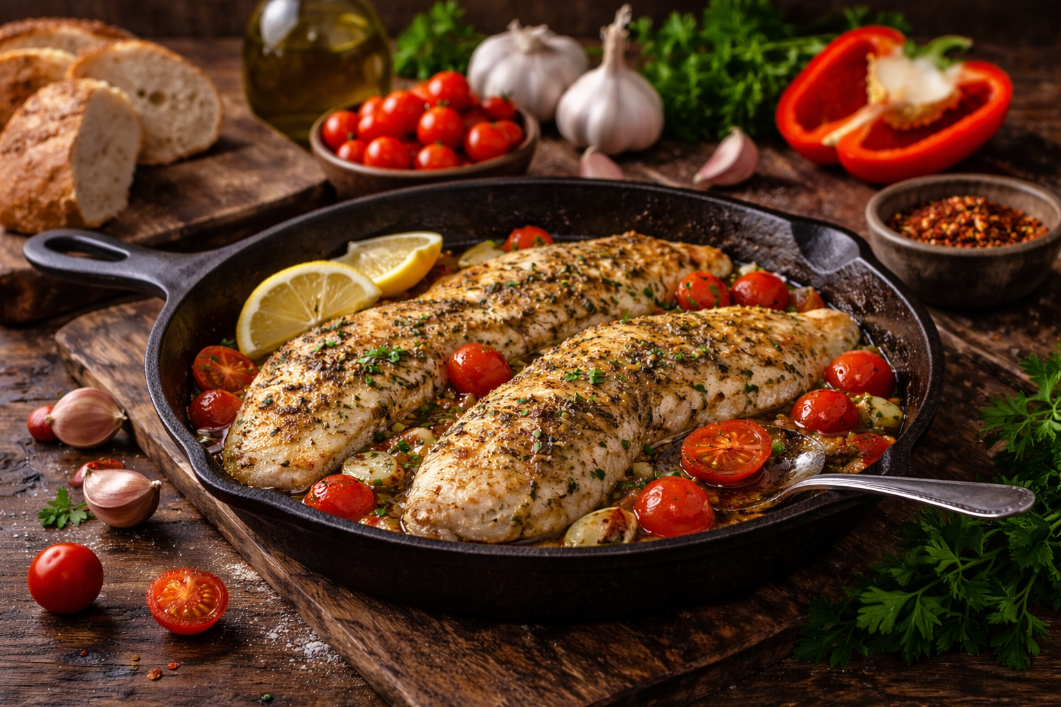 Papa Lanc's Skillet Tilapia with Cherry Tomatoes