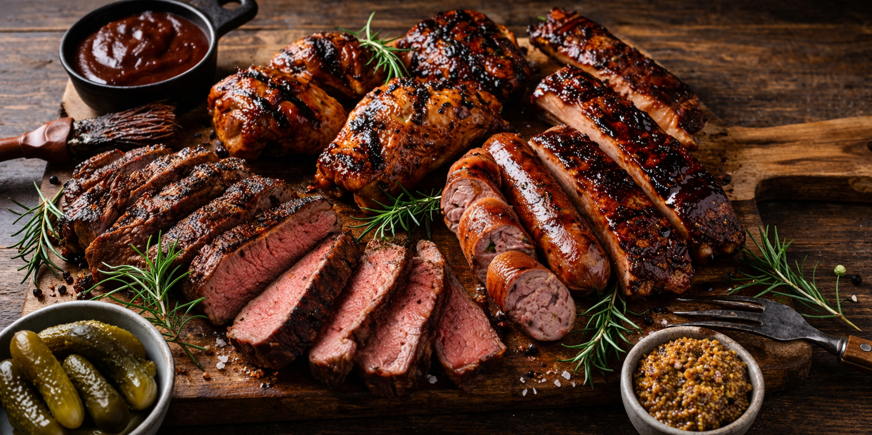 Grilled meats including steak, ribs, sausage and chicken