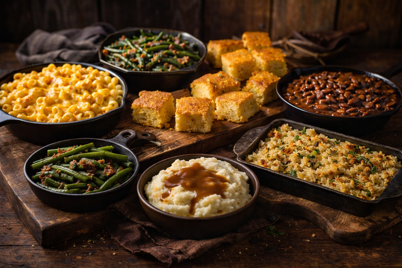 Southern side dishes including mac and cheese, beans, rice casserole and mashed potatoes