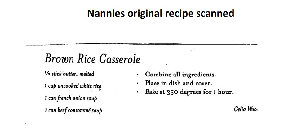 Nannie's original Brown Rice Casserole recipe card